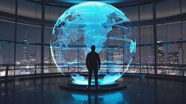 Visionary's Gaze at the Digital World: A lone figure stands captivated, observing a luminous digital globe displayed in a modern office, symbolizing global connectivity and technological advancement.