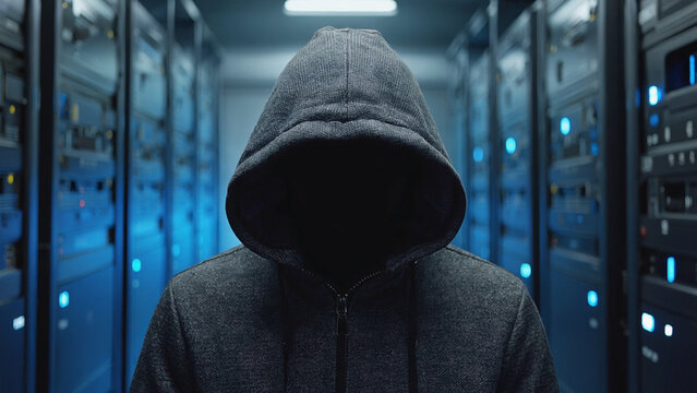 Cyber Intrusion: Anonymity shrouded in a hoodie stands within a server room, suggesting the silent threats and clandestine actions of data security.