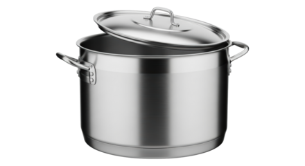 Shiny stainless steel stock pot with glass lid prepared for culinary creations isolated on transparent background