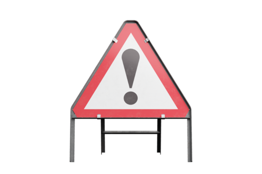 Warning Danger Exclamation Mark temporary triangular sign, isolated, front view