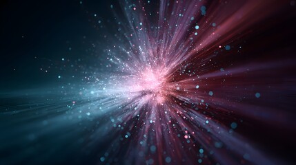 Naklejka premium Bright cosmic explosion with glowing particles emanates light rays.