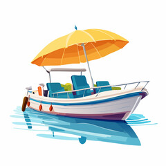 Naklejka premium Motorboat with yellow sun umbrella on water