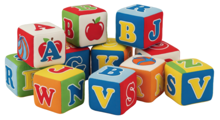 Colorful alphabet blocks pile assorted letters and images learn abc education playtime isolated on transparent background