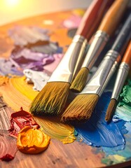 Obraz premium Close-up shows a wooden artist's palette with vibrant oil paint and paintbrushes
