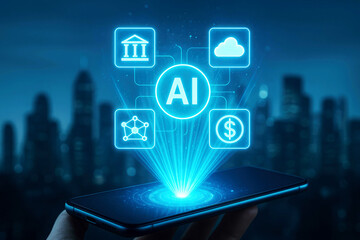 Smartphone displaying AI holographic icons for finance cloud and network connections over city skyline
