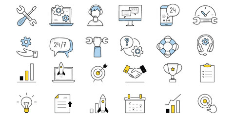 vector Collection of diverse line art icons depicting various concepts and actions in black and white 