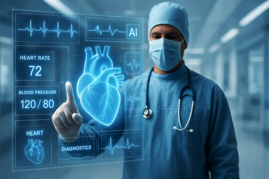 Surgeon Interacting with Futuristic Holographic Medical Display Showing Heart Data doctor healthcare
