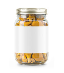 Clear Glass Jar Filled with Chanterelle Mushrooms with label with metallic cap