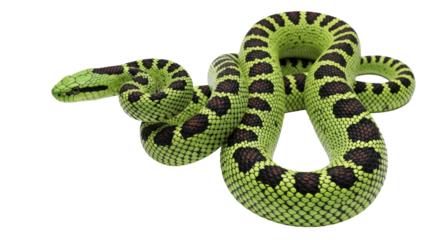Vibrant green pit viper snake coiled and ready wildlife macro photography isolated on transparent background