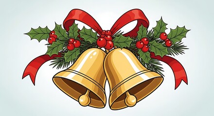 A festive illustration of two golden Christmas bells adorned with a red ribbon and holly sprigs.