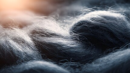 Close-up of soft, fluffy gray yarn threads illuminated by soft light.