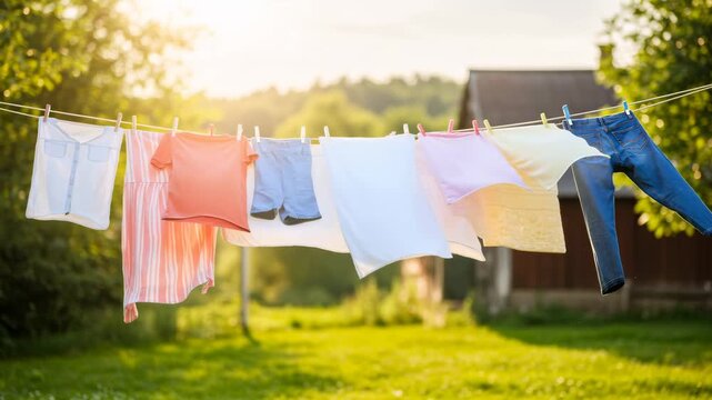 Freshly washed laundry hanging on clothesline outdoors to dry under bright sunny sky with green grass, concept for clean home, footage
