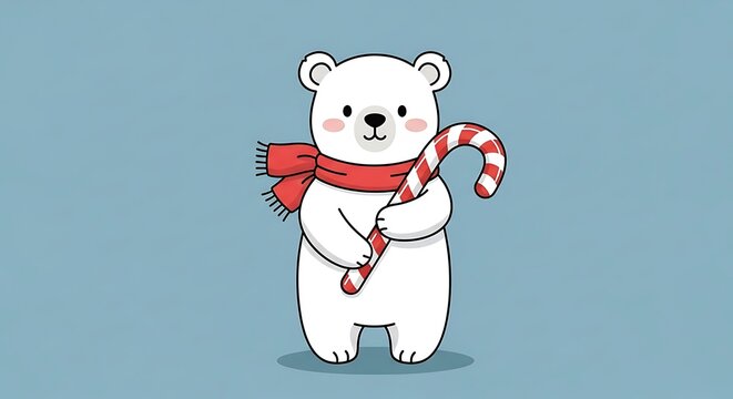 Cute cartoon polar bear wearing a red scarf and holding a candy cane on a light blue background. - Powered by Adobe