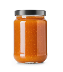 Clear Glass Jar Filled with Peach Jam without label with matte black cap