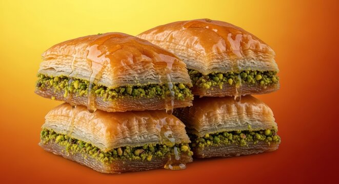 Close up of freshly baked, syrupy and layered baklava with pistachios