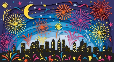 City skyline with fireworks and crescent moon in a colorful, layered paper-cut style.