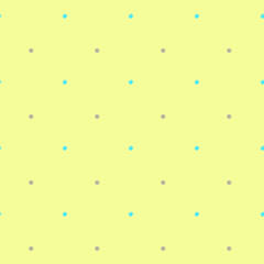 Fun seamless pattern with small blue and gray polka dots. Cute doodle wallpaper on yellow background. Minimalist design for kids’ textiles, nursery decor, wrapping paper and childish party backdrop