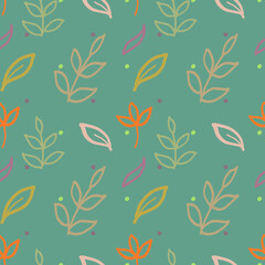 Seamless botanical pattern with simple hand-drawn leaves in orange, red, and beige on a green background. Autumn natural and modern design suitable for textiles, fabric, eco packaging and wallpapers