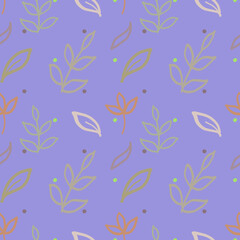 Seamless botanical pattern with simple hand-drawn leaves in soft pastel colors on a lavender background. Perfect for textile design, fabric, wrapping paper, wallpaper, and natural decorative projects