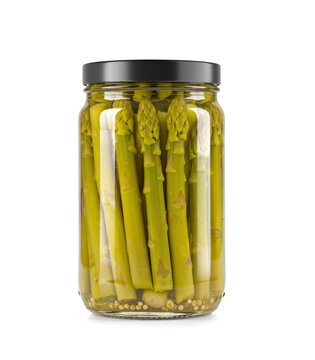 Clear Glass Jar Filled with Asparagus Pickle with matte black cap without label