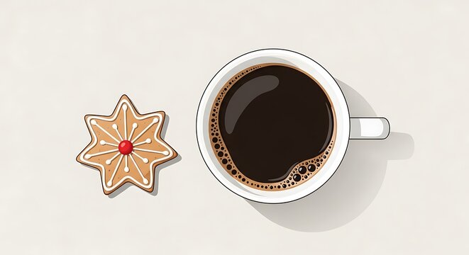 Top-down view of a white coffee cup with dark coffee and a star-shaped gingerbread cookie with white icing and a red candy. - Powered by Adobe