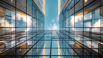 Obraz premium A stunning lowangle view of modern glass buildings reflecting the sky and clouds, creating a symmetrical and captivating urban landscape with a sense of upward movement and architectural grandeur
