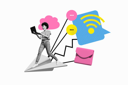 Full 3d image trendy poster art collage of happy girl surf laptop type sms messenger app correspondence chatterbox speech
