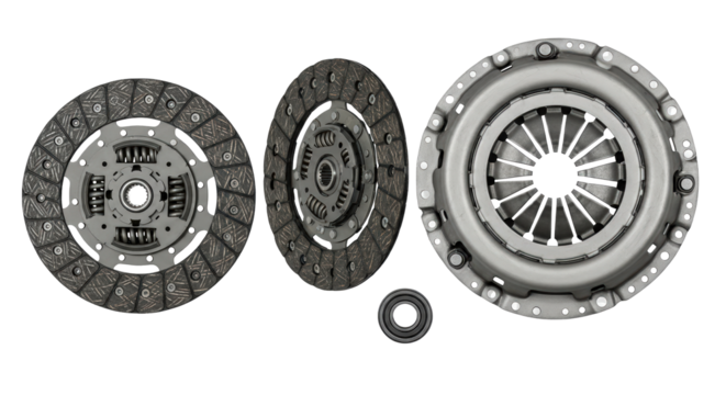 Automotive clutch assembly components detailed view mechanical auto parts isolated on transparent background
