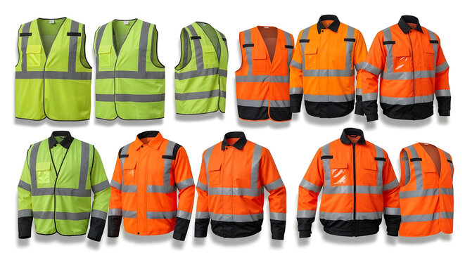 Collection of various high-visibility safety jackets and vests in fluorescent yellow and orange, essential for worker safety.