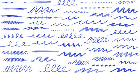 Fototapeta premium Hand Drawn Doodle Lines and Scribbles Set in Blue Sketch Marker Style Vector Illustration