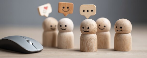 Wooden Figurines with Chat Bubbles and Computer Mouse