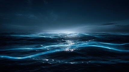 Fototapeta premium Dark ocean waves glow with electric blue light under a twilight sky.