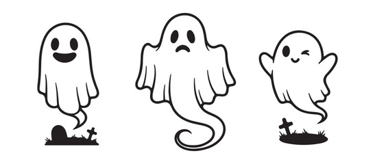 Halloween ghost silhouettes set. Cartoon characters flat illustrations
