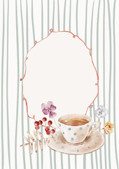 Watercolor Template Frame with stripes background, cup of tea, rowan and viola.  Cozy autumn design. Whimsical vintage element in cottagecore style for invitation, social media and posters.