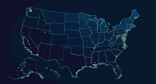 Futuristic digital map of the United States with glowing network connections.