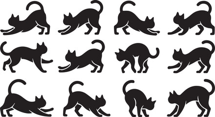 Silhouette Pattern of Black Cats Stretching and Walking, on a White Background Design