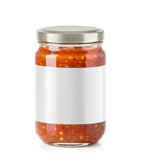 Clear Glass Jar of Salsa Sauce with a metallic cap and a white blank label area. on a transparent background