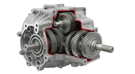 Detailed cutaway of an advanced automotive transmission gearbox mechanism isolated on transparent background