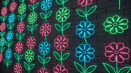 Neon flower lights in pink green and blue on a brick wall creating a floral arrangement display custom 3d photo wallpaper panaflex design for wall hd background