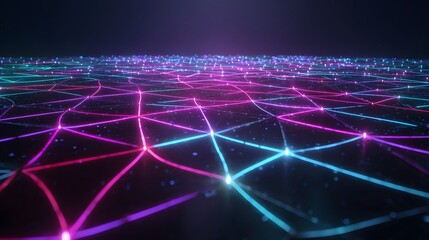 Obraz premium Abstract digital network with glowing nodes and connections spreads across the horizon.