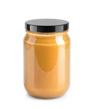 Clear Glass Jar Filled with Peanut Butter and with a glossy cap on a transparent background.