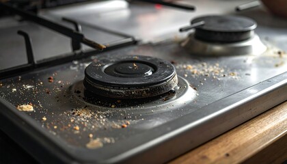 Close-up of a used stovetop with burners, some debris, and the cooktop surface visible