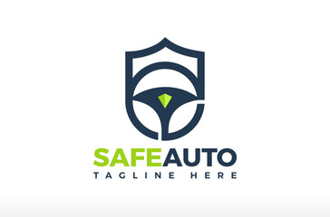 Safe Auto Car Shield Logo Design, motor car logo, steering wheel logo. auto service icon, auto safety and car insurance logo Vector Icon Symbol Silhouette Illustration brand business company