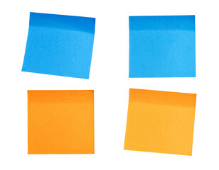Four colorful adhesive notes, two blue and two orange, isolated on black