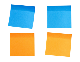 Four colorful adhesive notes, two blue and two orange, isolated on black