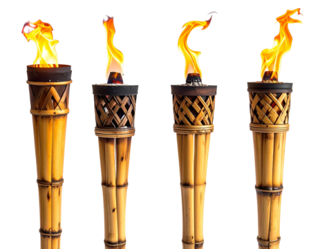 Four lit torches with flickering flames, bamboo and woven details, on black