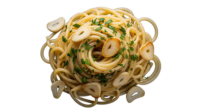 Delicious spaghetti aglio e olio with parsley garnish on transparent background