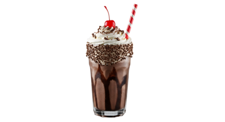 Indulgent chocolate milkshake with cherry and sprinkles, isolated on transparent background