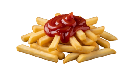 Golden french fries smothered generously with vibrant red ketchup on transparent background