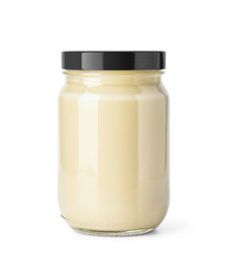 Clear Glass Jar Filled with Mayonnaise with glossy cap on a transparent background